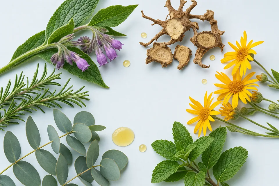 Los seis activos vegetales de Flexosamine Pro: consuelda, harpagofito, árnica, menta, eucalipto y romero Los seis activos vegetales de Flexosamine Pro: consuelda, harpagofito, árnica, menta, eucalipto y romero
